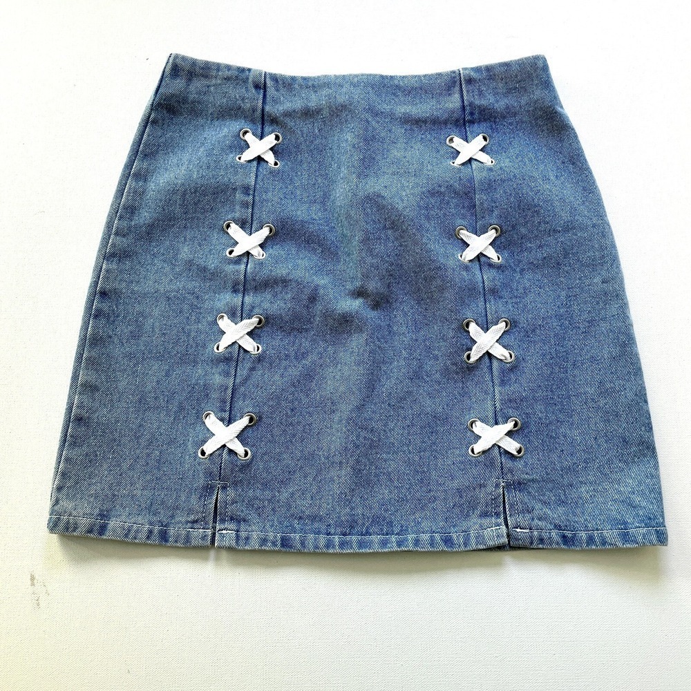 Sage The Label Women's Small Blue Denim Mini Skirt Lace Up Goth Grunge Y2K Style